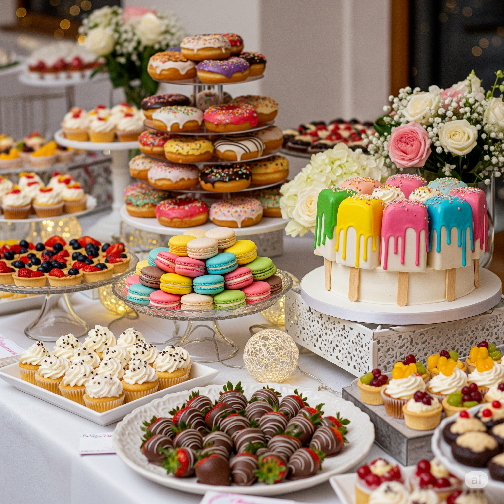 A full dessert table with various cakes and sweets