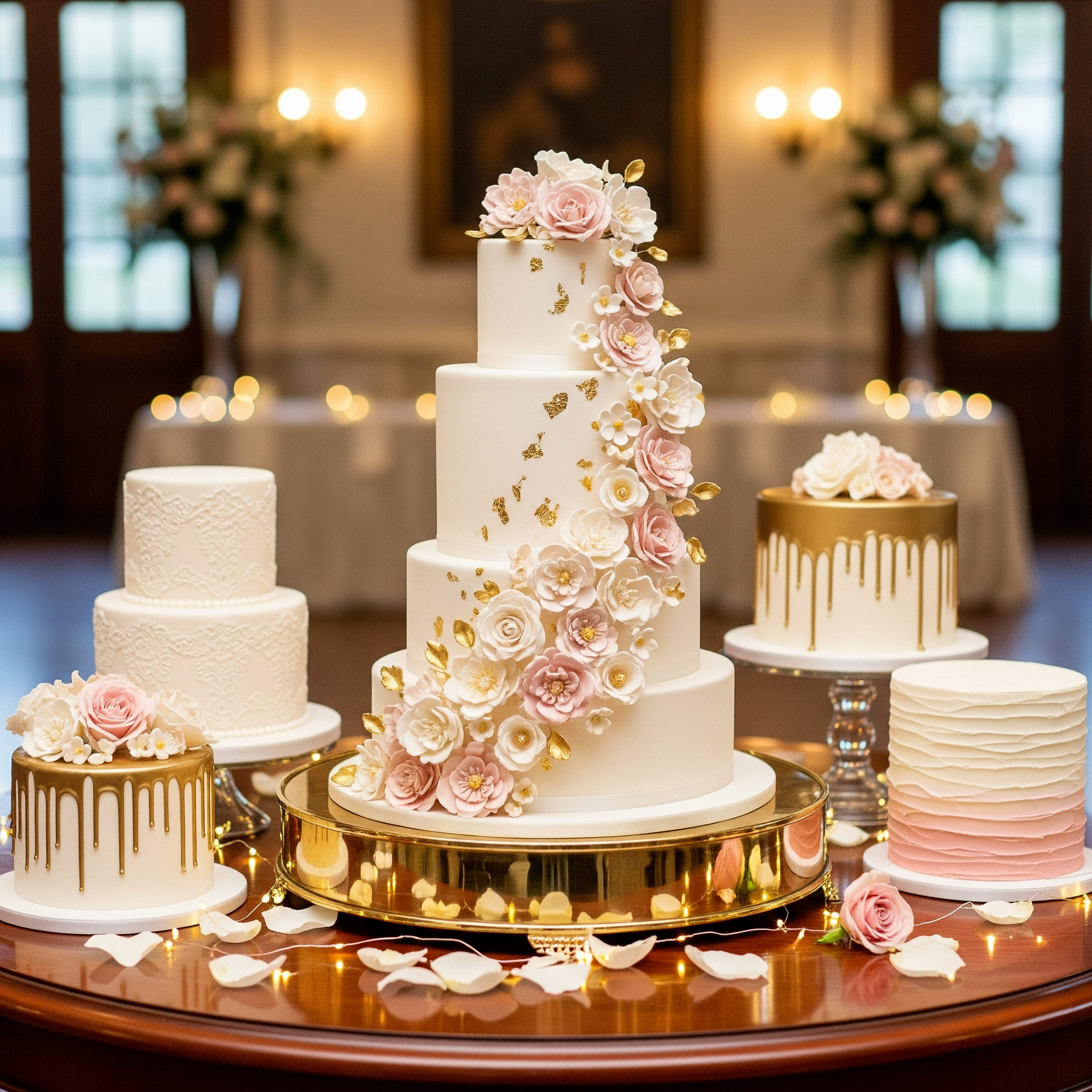 Elegant custom wedding cake with floral decorations